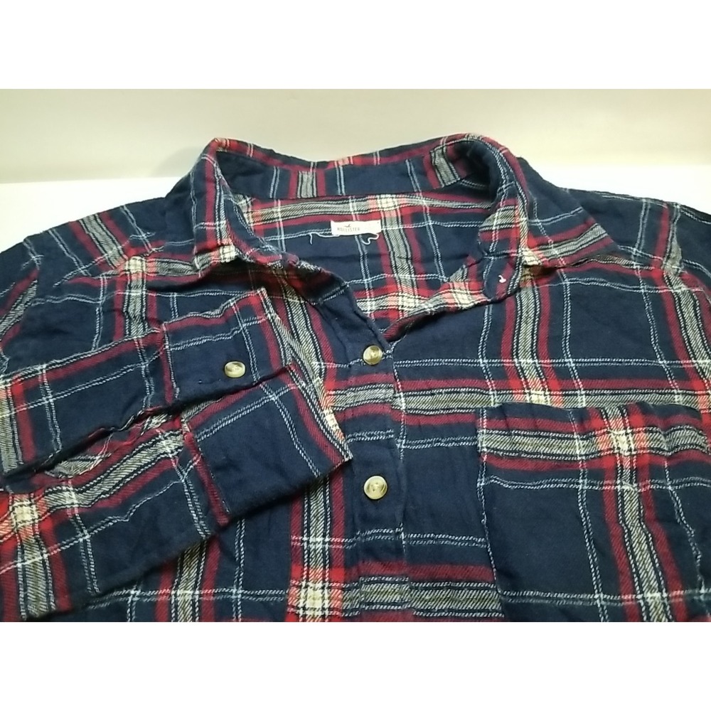 Hollister Womens Small Navy Blue Red Plaid Flannel Button Up Shirt Long Sleeve